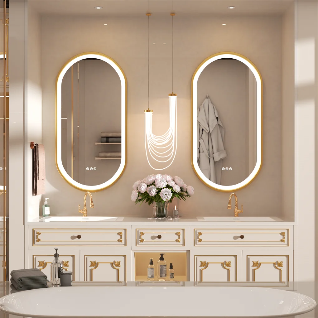 Miroir LED Ovale Doré-Éclairage tactile, Anti-Buée & Mémoire