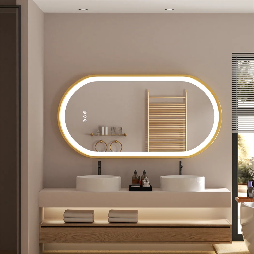 Miroir LED Ovale Doré-Éclairage tactile, Anti-Buée & Mémoire