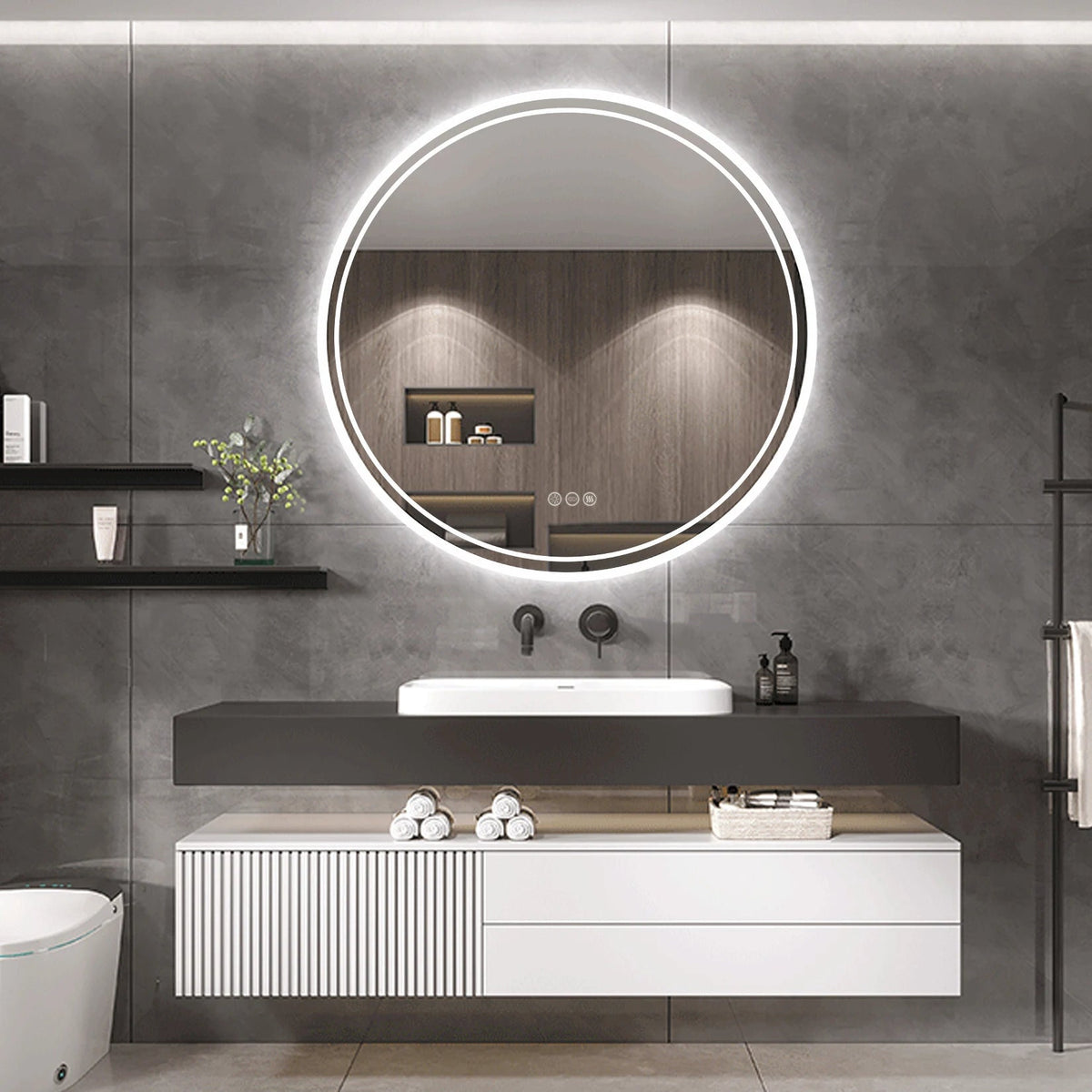 Miroir LED Rond-Éclairage tactile, Anti-Buée & Mémoire